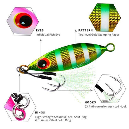 Proberos Sea Fishing Metal Bait 60g With Conical Reflective Profile — green gold reflective 60g saltwater lure with treble hook, rings, eyes and stamped pattern