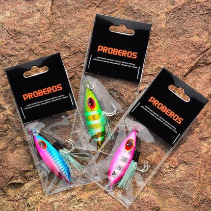 Proberos Sea Fishing Metal Bait 60g With Conical Reflective Profile - three packaged colorful metal lures for saltwater fishing in low light conditions