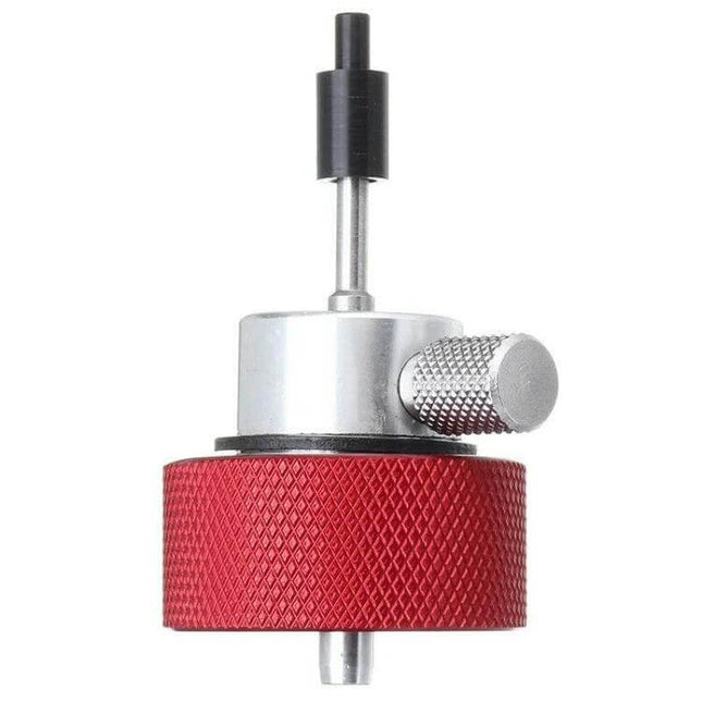 Propane Filling Adapter With Cap For Safe Home Refills compact metal adapter with red knurled grip, silicone oil reservoir and cap for outdoor propane transfers