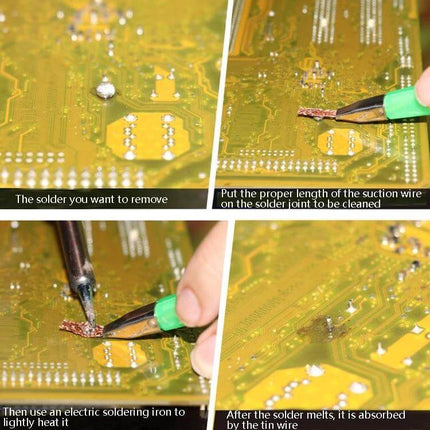 ProsKit Anti Scalding Tin Solder Sucker Wire Tape For Circuit Repair on PCB showing copper braided wick and heat-dissipation nozzle in use