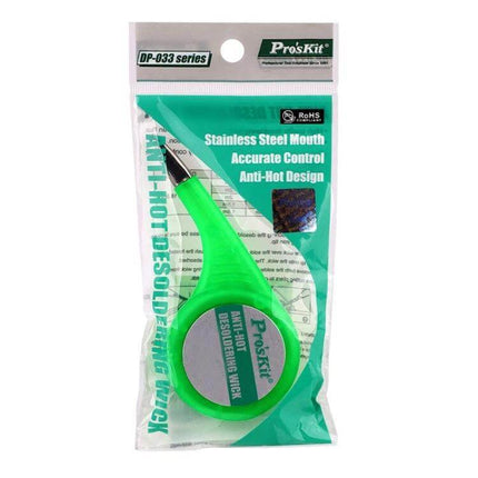 ProsKit Anti Scalding Tin Solder Sucker Wire Tape For Circuit Repair compact anti-scald solder wick with stainless steel nozzle, green handle, sealed packaging