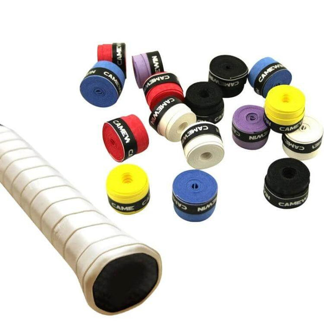 PU Overgrip for Rackets, Sweat-Absorbent Grip Tape for Tennis and More - assorted colored PU overgrip rolls and wrapped white racket handle