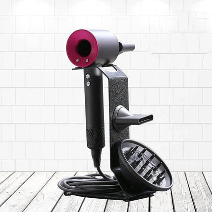 Punch Free Standing Hair Dryer Stand For Dyson Silver with black mild-steel base holding Dyson-style dryer and diffuser