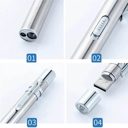 Pupil Pen Light Dental Flashlight For Exams Rechargeable stainless steel dual LED pen light with USB cap and clip