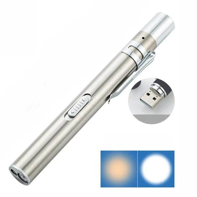 Pupil Pen Light Dental Flashlight For Exams Rechargeable compact stainless steel dual-LED pen light with USB charging and pocket clip