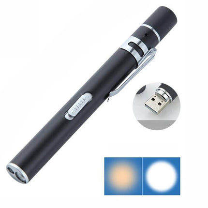 Pupil Pen Light Dental Flashlight For Exams Rechargeable stainless steel pen light with dual LED (white and yellow) and USB rechargeable port
