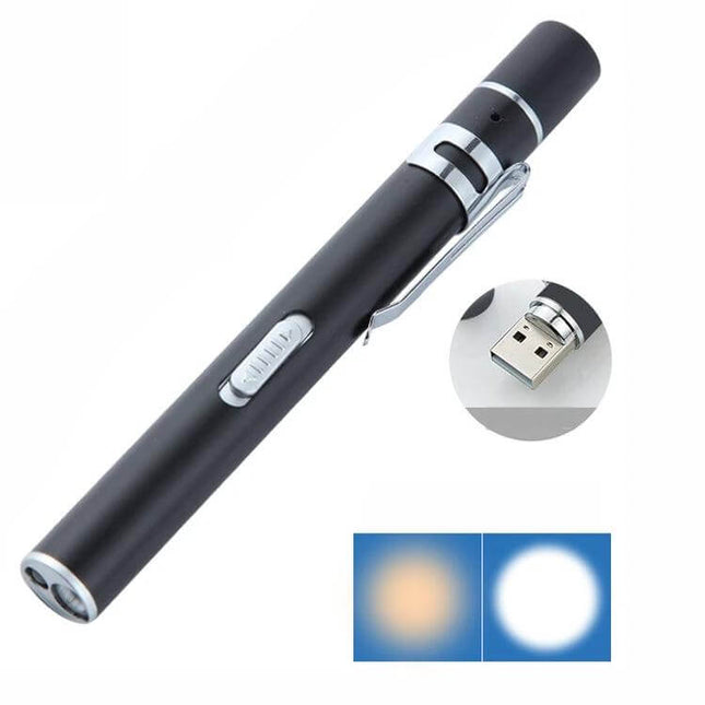 Pupil Pen Light Dental Flashlight For Exams Rechargeable stainless steel pen light with dual LED (white and yellow) and USB rechargeable port