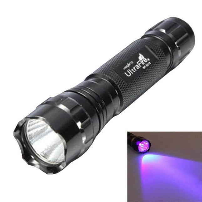 Purple Light UV Flashlight For Currency Verification - compact black handheld UV torch for checking banknote and card security features