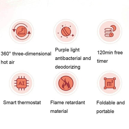 Purple UV Sterilizing Shoe Dryer With 360 Degree Hot Air showing icons for 360° hot air, purple antibacterial light, 120min timer, smart thermostat, flame retardant, foldable portable