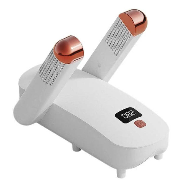 Purple UV Sterilizing Shoe Dryer With 360 Degree Hot Air compact white unit with dual foldable drying arms and digital display