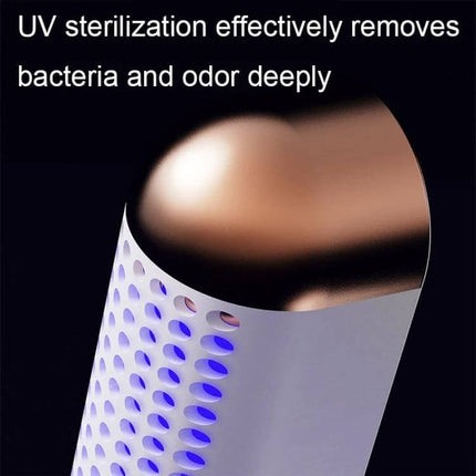 Purple UV Sterilizing Shoe Dryer With 360 Degree Hot Air showing perforated vent and glowing UV light to remove bacteria and odor