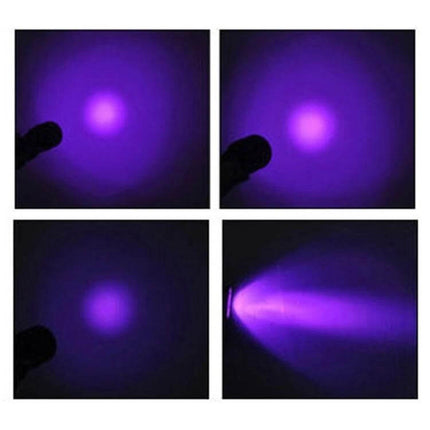 Purple UV Light Waterproof Flashlight For Outdoors showing four purple beam patterns on dark background, ideal for camping and inspection
