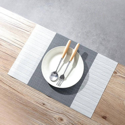 PVC Non Slip Table Mat 30x45cm Easy Clean Placemat on wooden table with plate and utensils, non slip heat resistant and easy to wipe clean
