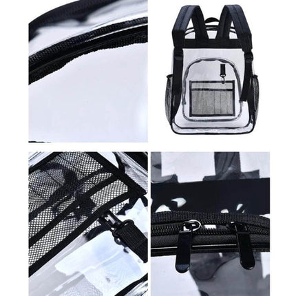 Alt Tag: PVC Transparent Waterproof School Backpack Large Purple clear PVC large waterproof school backpack showing front, straps, zippers, and mesh pocket