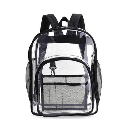 Alt Tag: PVC Transparent Waterproof School Backpack Large Purple clear PVC school backpack with front pocket and mesh side pockets, waterproof, large, durable