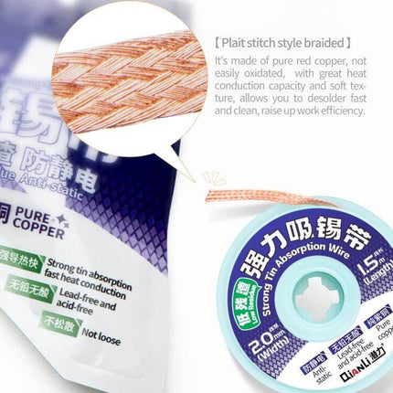 QianLi 1.5M Desoldering Wire, 2.0mm Copper, Low-Residue - braided pure red copper 2.0mm desoldering braid spool 1.5m