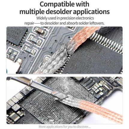 QianLi 1.5M Desoldering Wire, 2.0mm Copper, Low-Residue braided copper wick on PCB absorbing solder residues