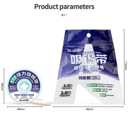 QianLi 1.5M Desoldering Wire, 2.0mm Copper, Low-Residue braided pure red copper 2.0mm width 1.5m spool for PCB desoldering
