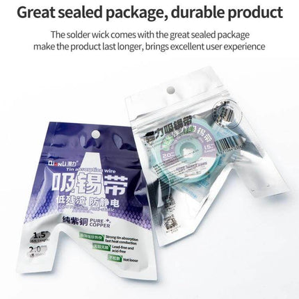 QianLi 1.5M Desoldering Wire, 2.0mm Copper, Low-Residue - sealed package showing 2.0mm pure red copper braid spool and resealable pouch