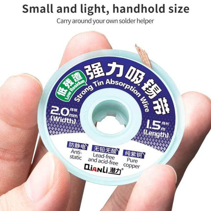 QianLi 1.5M Desoldering Wire, 2.0mm Copper, Low-Residue - 2.0mm pure copper braid spool for PCB solder removal