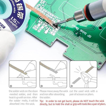 QianLi 1.5M Desoldering Wire, 2.0mm Copper, Low-Residue braided copper wick being used to remove solder from a PCB
