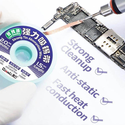 QianLi 1.5M Desoldering Wire, 2.0mm Copper, Low-Residue braided copper wick used to remove solder from a smartphone PCB