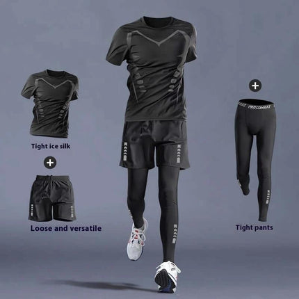 Running T Shirt Quick Dry For Training black quick-dry training set with shorts and tight pants for running and gym