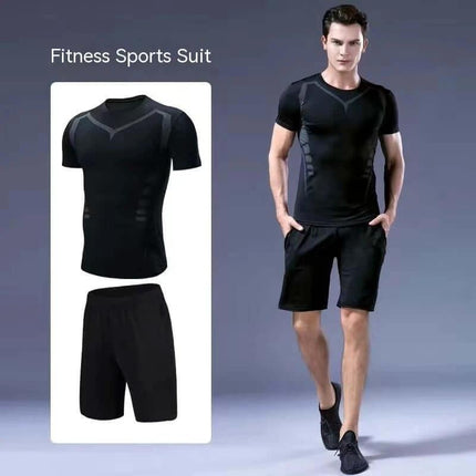 Quick-Drying Running Set For Gym, Two-Piece Fitness Wear black moisture-wicking tee and shorts on male model for treadmill and outdoor runs
