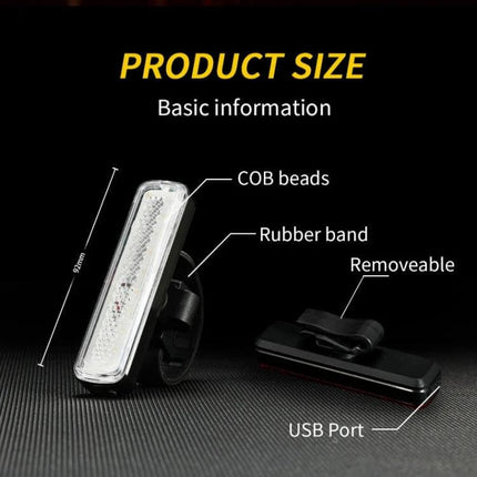 Rainbow Bike Tail Light USB Rechargeable For Night Riding - compact PC plastic rear light with COB beads, rubber band mount, USB port