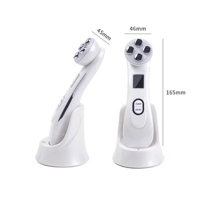 Radio Frequency Facial Beauty Pen For Wrinkle Reduction - white handheld RF EMS microcurrent device on charging stand, front and angled views