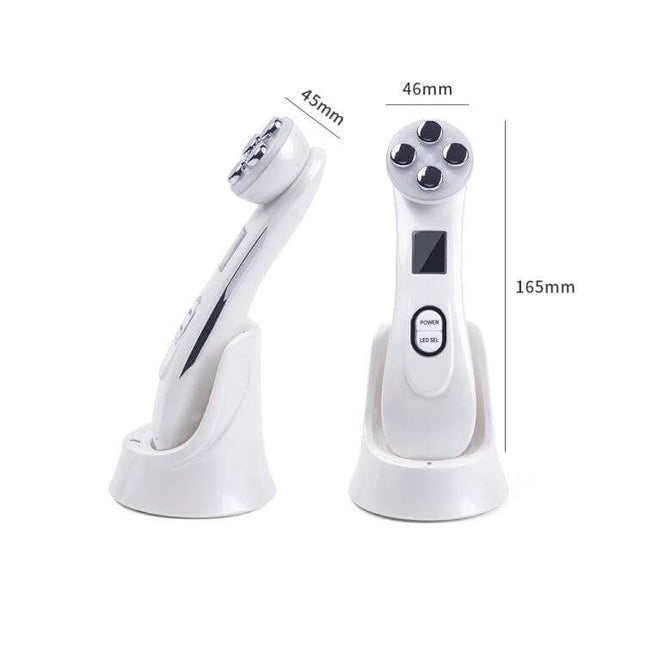 Radio Frequency Facial Beauty Pen For Wrinkle Reduction - white handheld RF EMS microcurrent device on charging stand, front and angled views
