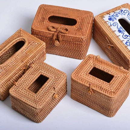 Rattan Tissue Box, Square Desktop Organizer For Home Use - natural woven rattan square tissue box set for living room, bedroom or car, dustproof compact design