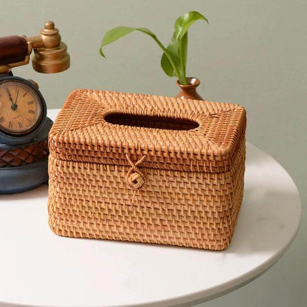 Rattan Tissue Box, Square Desktop Organizer For Home Use - woven rattan dustproof tissue holder for living room, bedroom, kitchen, or car