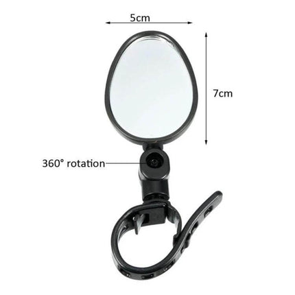 Rearview Mirror for Mountain Bike, 360 Degree Rotation glass lens with ABS housing, compact 5x7cm mirror showing 360° rotation clamp mount