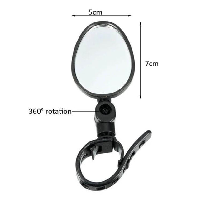 Rearview Mirror for Mountain Bike, 360 Degree Rotation glass lens with ABS housing, compact 5x7cm mirror showing 360° rotation clamp mount