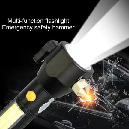 Rechargeable LED Flashlight With Safety Hammer For Home And Outdoors - 10W Samsung beam 300m, side COB, 3 modes, emergency car window breaker