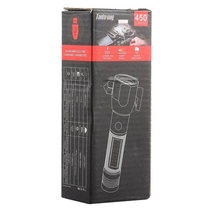 Rechargeable LED Flashlight With Safety Hammer For Home And Outdoors packaged box showing 450 lumens, side COB lamp sketch and specs