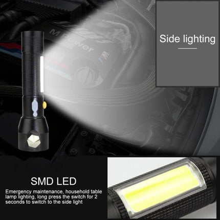 Rechargeable LED Flashlight With Safety Hammer For Home And Outdoors showing front beam and side COB light for emergency maintenance