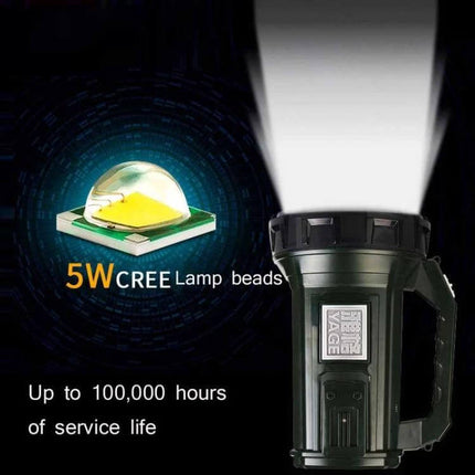 Rechargeable LED Outdoor Flashlight For Long Range Use with 5W CREE lamp, 8000mAh battery, focused 500m beam, rugged IPX4 splash resistant design