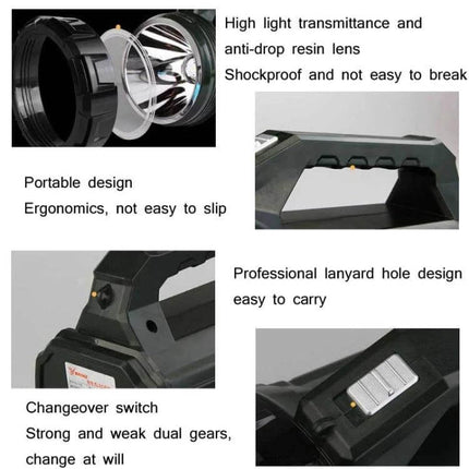 Rechargeable LED Outdoor Flashlight For Long Range Use showing lens, ergonomic non-slip grip, lanyard hole, changeover switch, and durable housing