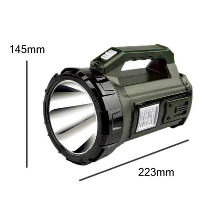 Rechargeable LED Outdoor Flashlight For Long Range Use shown green handheld spotlight 10W 8000mAh, 500m beam, 223x145mm, rugged IPX4