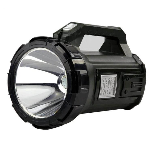 Rechargeable LED Outdoor Flashlight For Long Range Use black 10W spotlight with 8000mAh battery, rugged IPX4 housing and non-slip handle