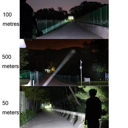 Rechargeable LED Outdoor Flashlight For Long Range Use showing beam reach comparisons at 50m, 100m and 500m with strong focused illumination