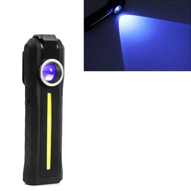Rechargeable Lantern With 4 Lighting Modes For Home And Outdoors – compact black aluminum lantern showing blue beam and side strip light