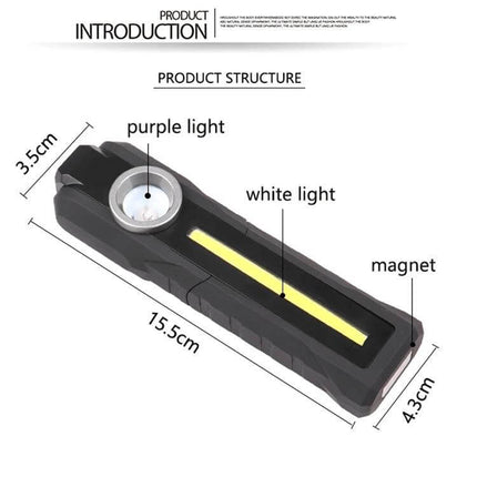 Rechargeable Lantern With 4 Lighting Modes For Home And Outdoors — compact aluminum body, white and purple lights, COB strip, built-in magnet (15.5×4.3×3.5cm)