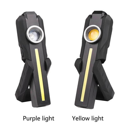 Rechargeable Lantern With 4 Lighting Modes For Home And Outdoors showing two angled black aluminum lanterns with purple and yellow beam modes