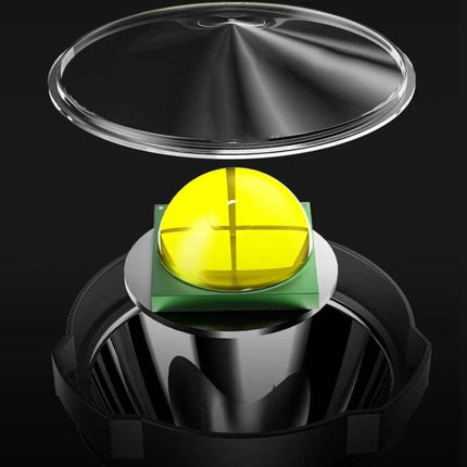 Rechargeable Outdoor LED Flashlight For Camping And Emergencies LED P50 chip and lens close-up showing focused reflector and 10W emitter