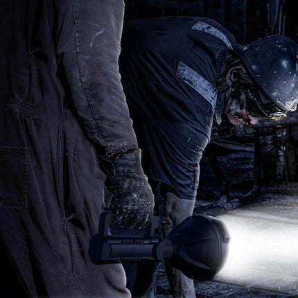 Rechargeable Outdoor LED Flashlight For Camping And Emergencies illuminating workers in dark industrial setting, handheld 10W beam, rechargeable, display