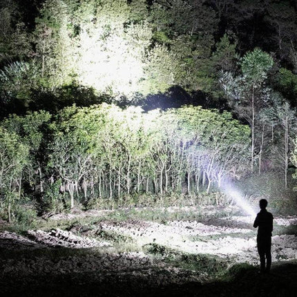 Rechargeable Outdoor LED Flashlight For Camping And Emergencies shining bright beam on forest clearing at night, person holding flashlight demonstrating long-range illumination