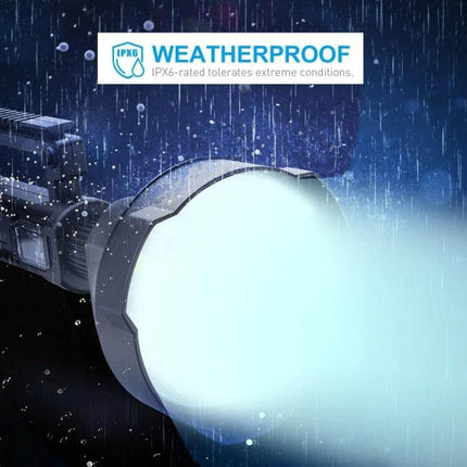Rechargeable Outdoor LED Flashlight For Camping And Emergencies shown weatherproof in heavy rain with bright beam and IPX6 label